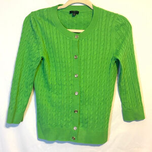 Talbots Petites SP 100% Cotton Cable Knit Cardigan Bright Green Button Front
